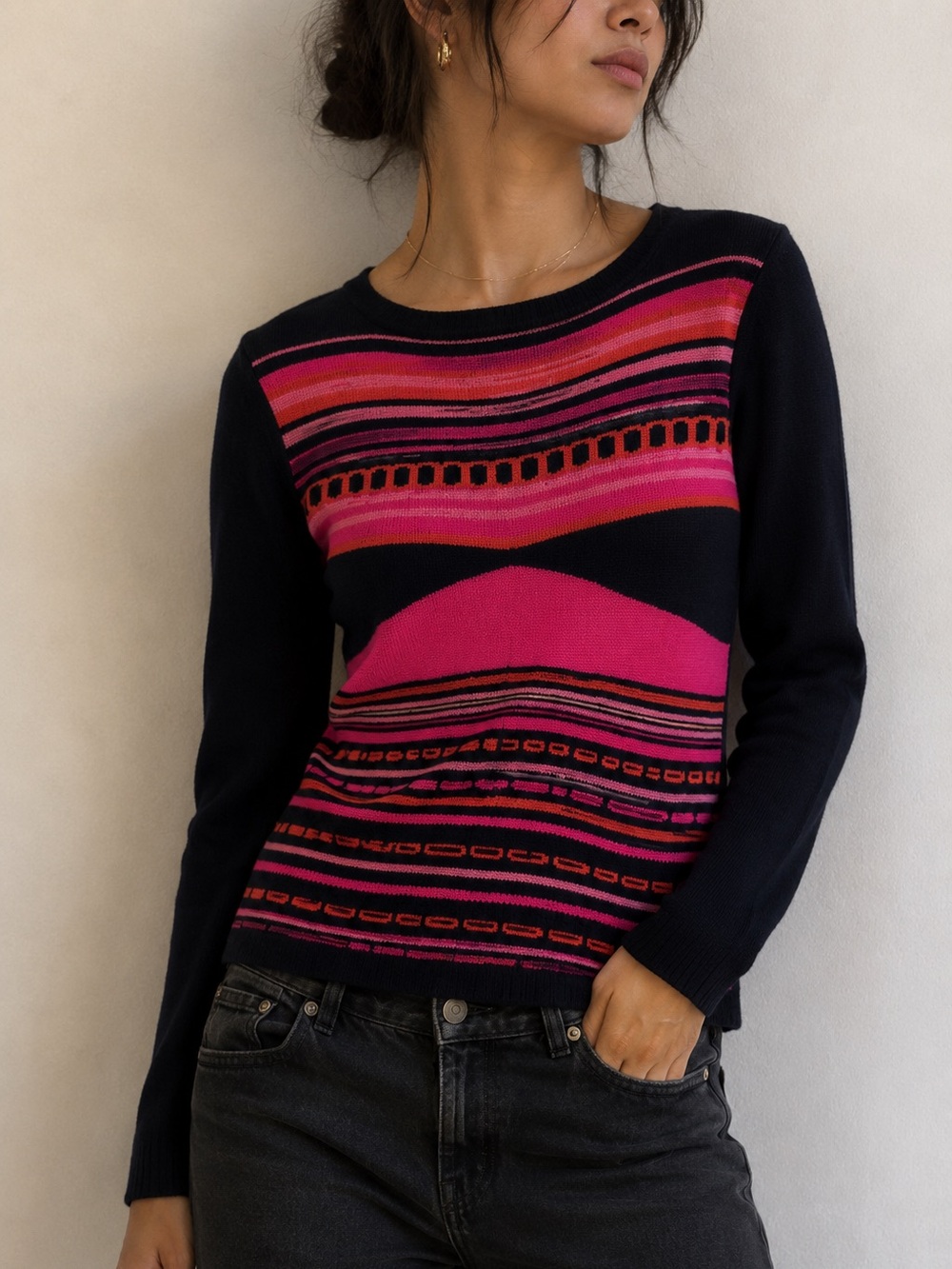 Skovhuus Striped‎ Graphic Knit Sweater Small Pink Black Y2K Scandi Indie